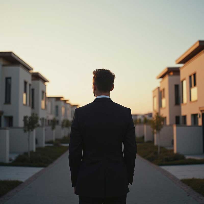 Muž procházející ulicí s moderními bytovými / rodinnými domy